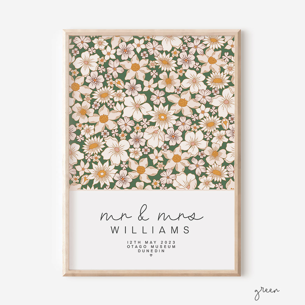 Floral Square Custom Mr & Mrs Wedding Print - green - At The Helm