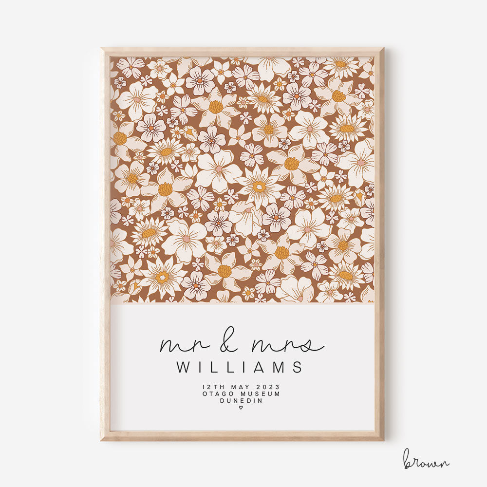 Floral Square Custom Mr & Mrs Wedding Print - brown - At The Helm