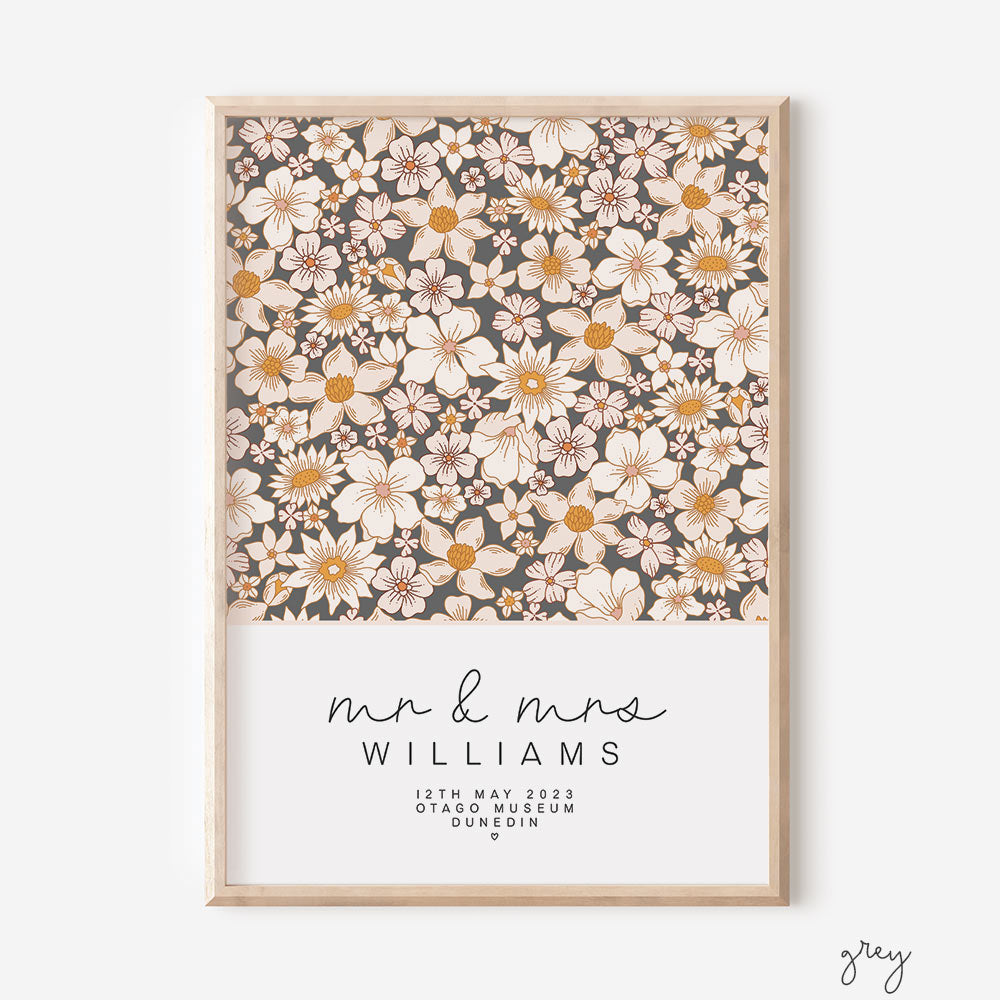 Floral Square Custom Mr & Mrs Wedding Print - grey - At The Helm