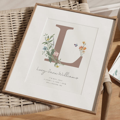 Watercolour Floral Birth Details Print