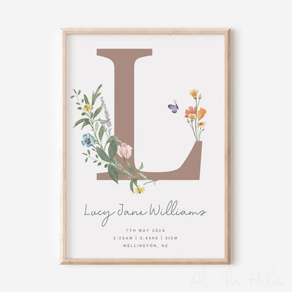 Watercolour Floral Birth Details Print