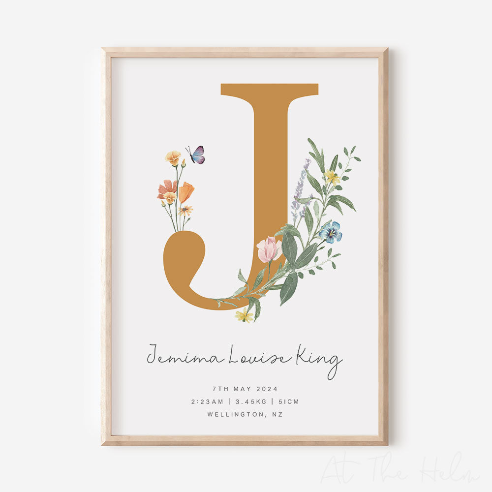 Watercolour Floral Birth Details Print