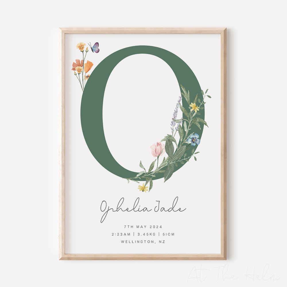 Watercolour Floral Birth Details Print