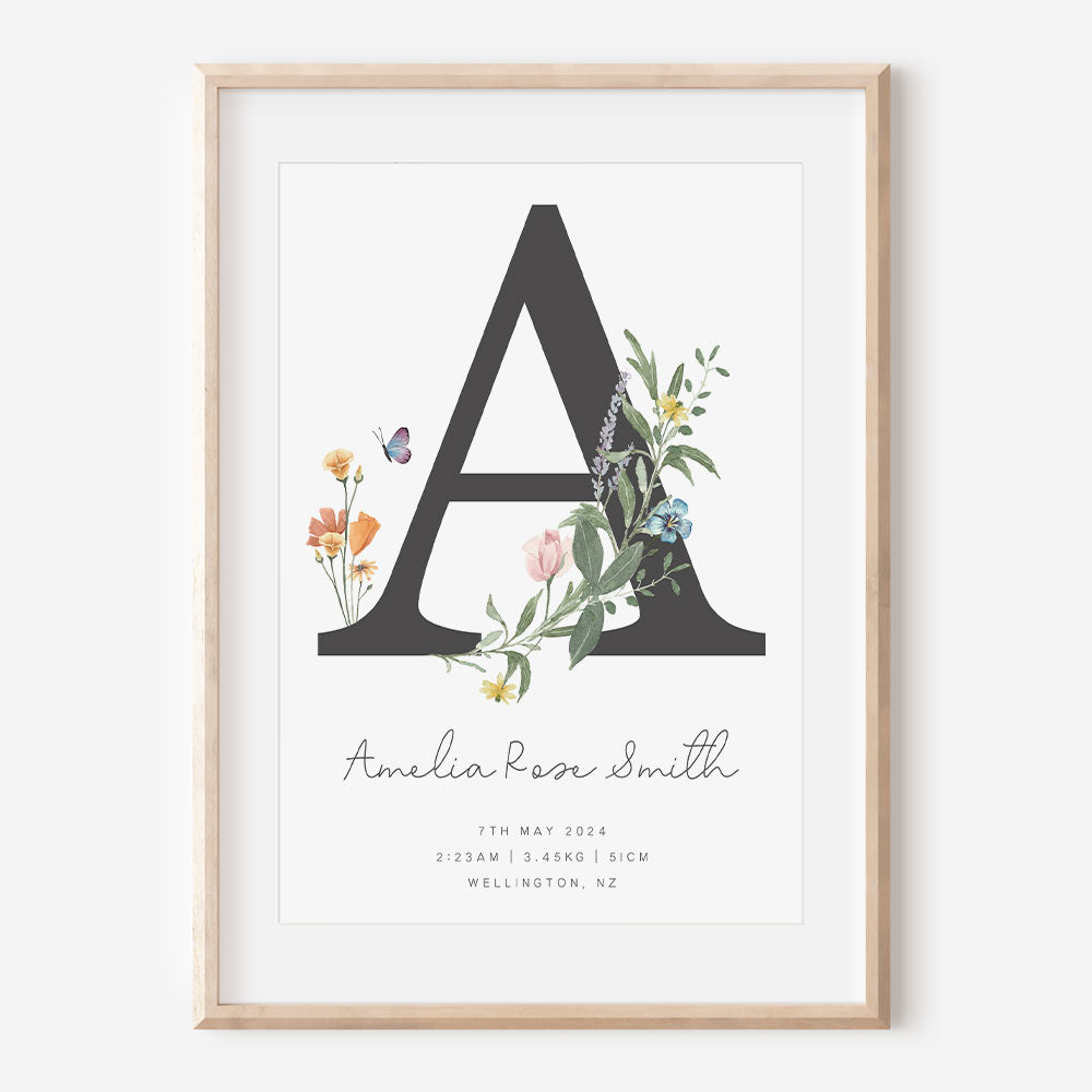 Watercolour Floral Birth Details Print