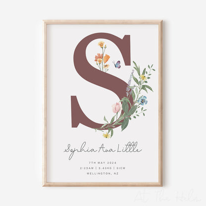 Watercolour Floral Birth Details Print