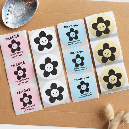 Cute flower packaging stickers with 3 different designs and 4 different colours - At The Helm NZ