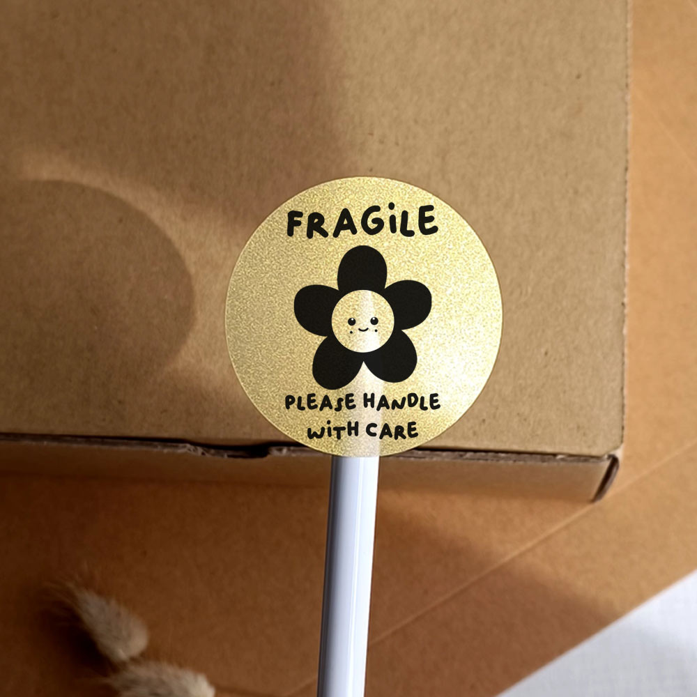 Cute flower packaging stickers - Fragile Handle With Care in gold - At The Helm NZ