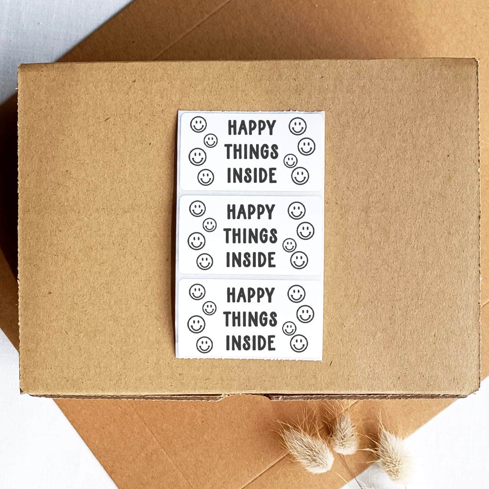 Happy things inside packaging stickers white - At The Helm NZ