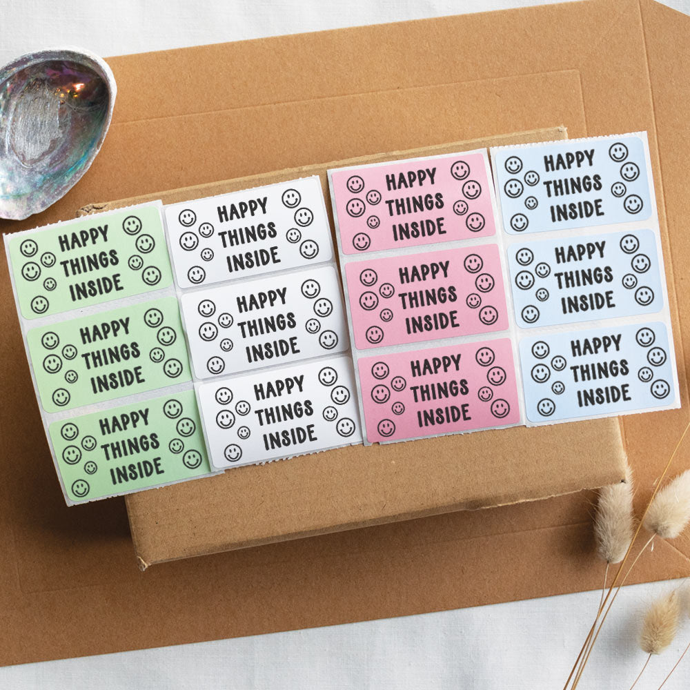 Happy things inside packaging stickers white - At The Helm NZ