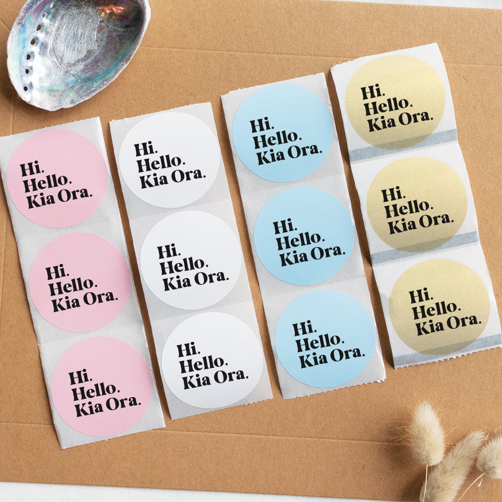 Selction of colours available for Hi,Hello, Kia Ora Packaging Stickers - At The Helm NZ