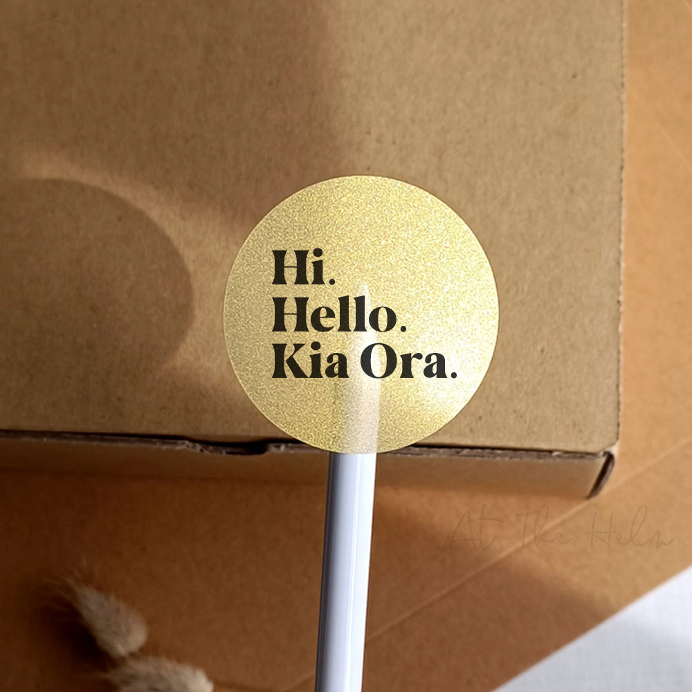 Gold Hi, Hello, Kia Ora Round Packaging Stickers - At The Helm NZ