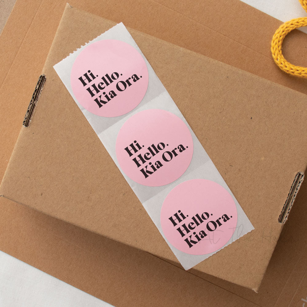 Pink Hi, Hello, Kia Ora Round Packaging Stickers - At The Helm NZ