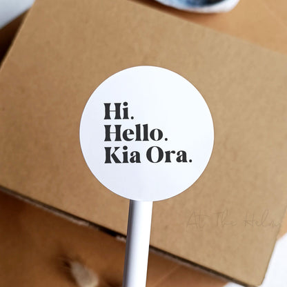 White Hi, Hello, Kia Ora Round Packaging Stickers - At The Helm NZ