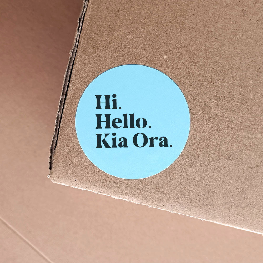 Blue Hi, Hello, Kia Ora Round Packaging Stickers - At The Helm NZ