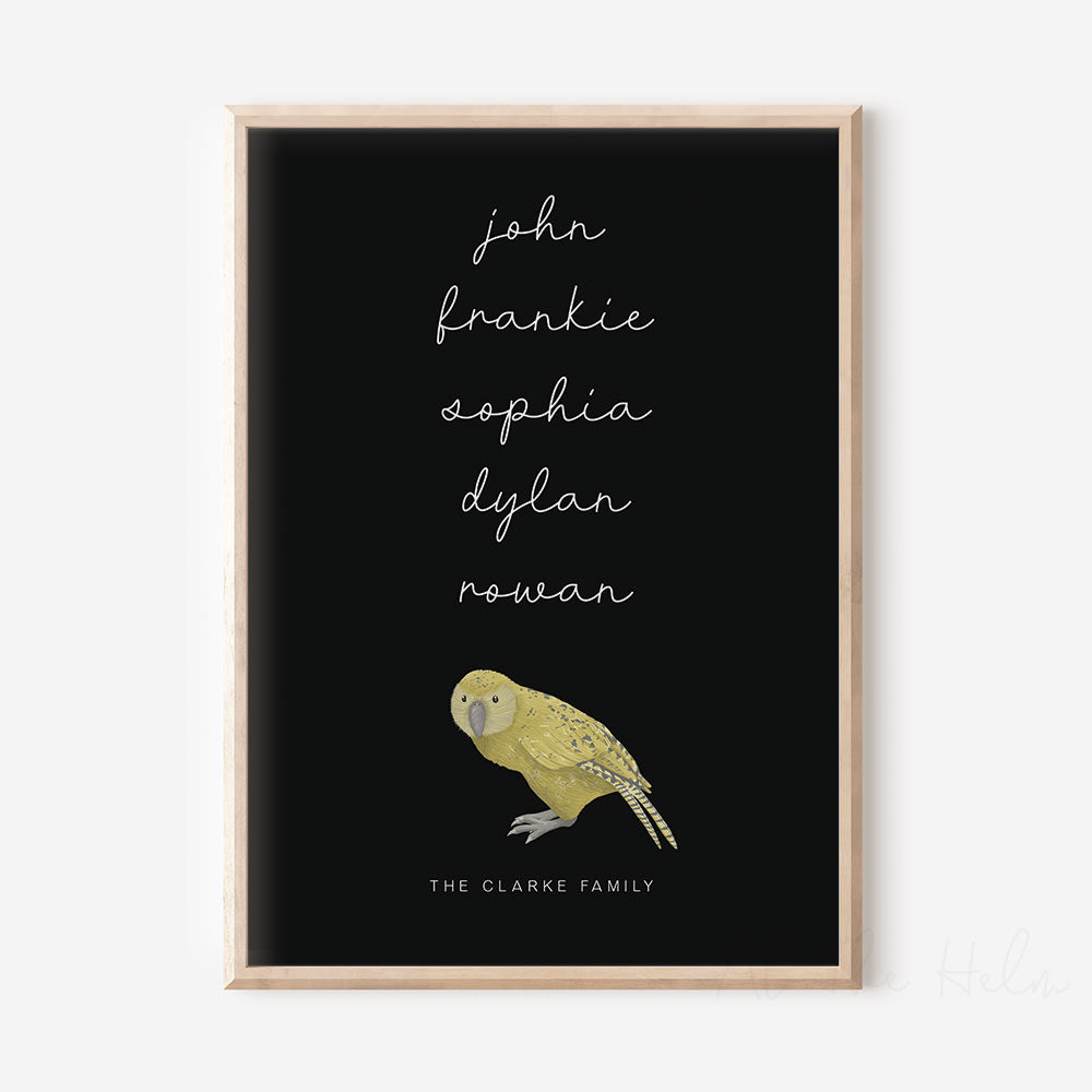 New Zealand Bird Family Personalised Print - Kakapo Black - At The Helm