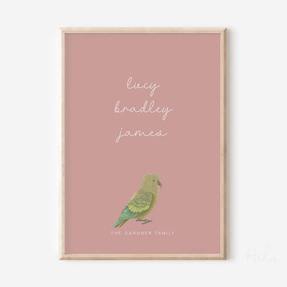 New Zealand Bird Family Personalised Print - Kea Pink - At The Helm