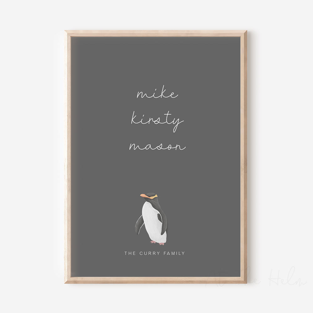 New Zealand Bird Family Personalised Print - Penguin Grey - At The Helm