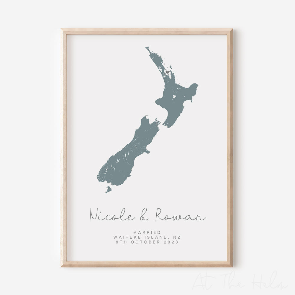 Map Of New Zealand Couples Engagement or Wedding Print