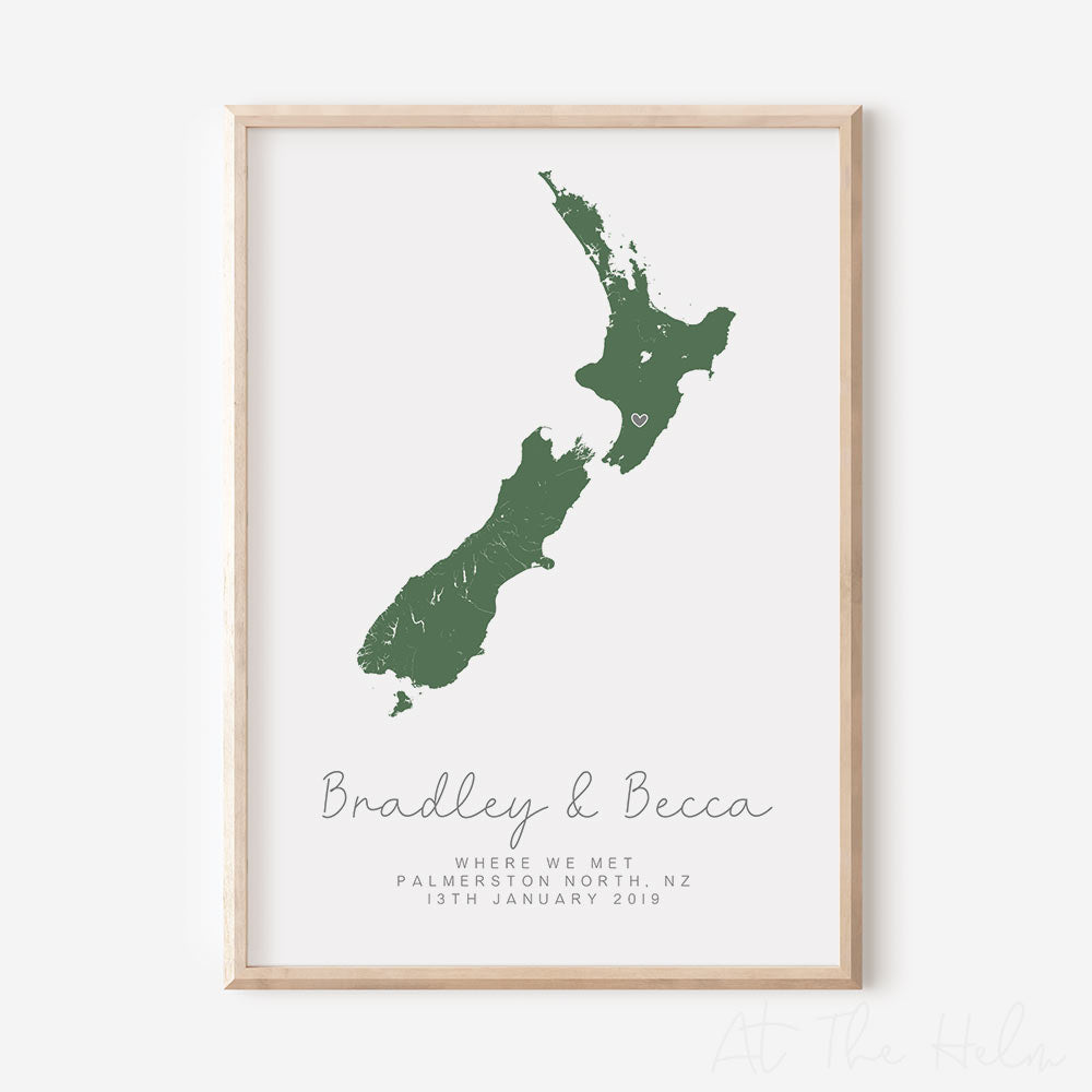 Map Of New Zealand Couples Engagement or Wedding Print