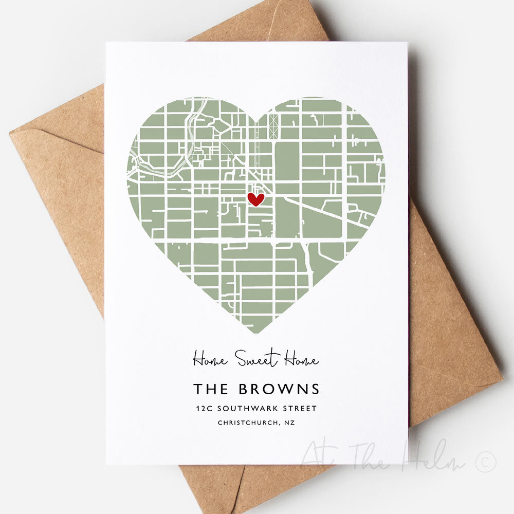 Heart Location New Home Greeting Card - At The Helm NZ - green