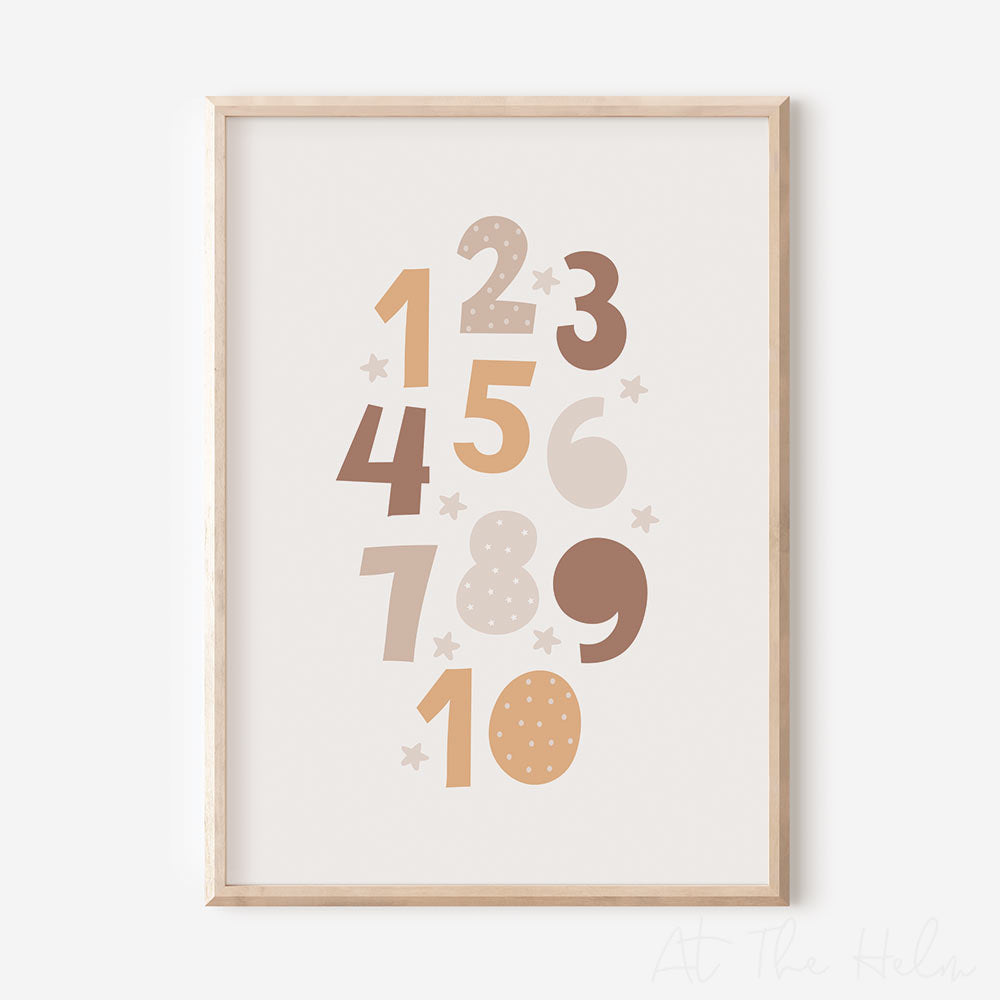 Children's Neutral Toned 1-10 Number Print - Nursery Wall Art - At The Helm NZ