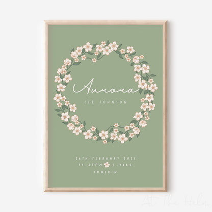 Retro floral birth details print - sage green