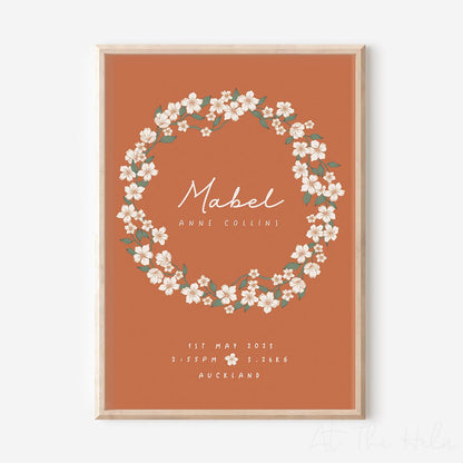 Retro floral birth details print - orange