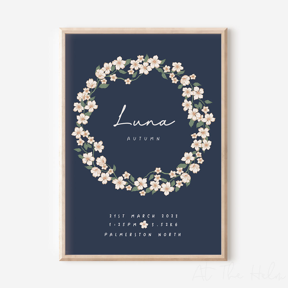 Retro floral birth details print - dark blue