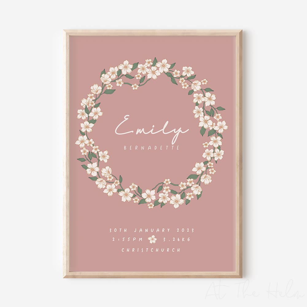 Retro floral birth details print - pink