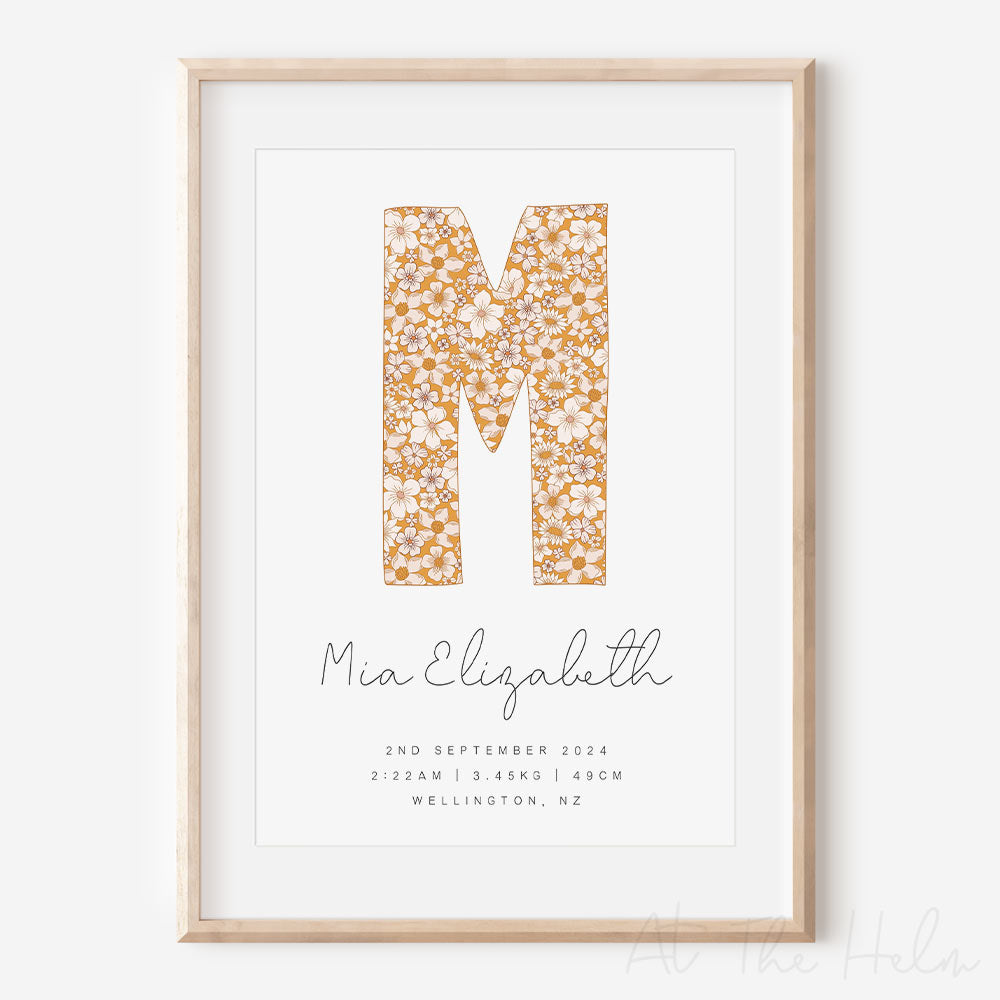 Floral Initial Birth Detail Print - In Mellow Yellow - At The Helm NZ