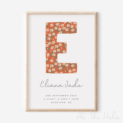 Floral Initial Birth Detail Print - In Orange  Burst - At The Helm NZ