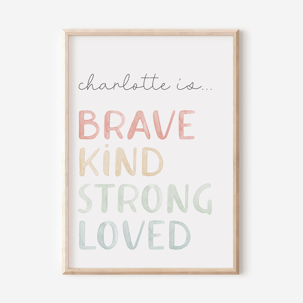 Watercolour custom Affirmation Poster Print for Children - Reads " Charlotte is brave, kind, strong, loved" - At The Helm NZ