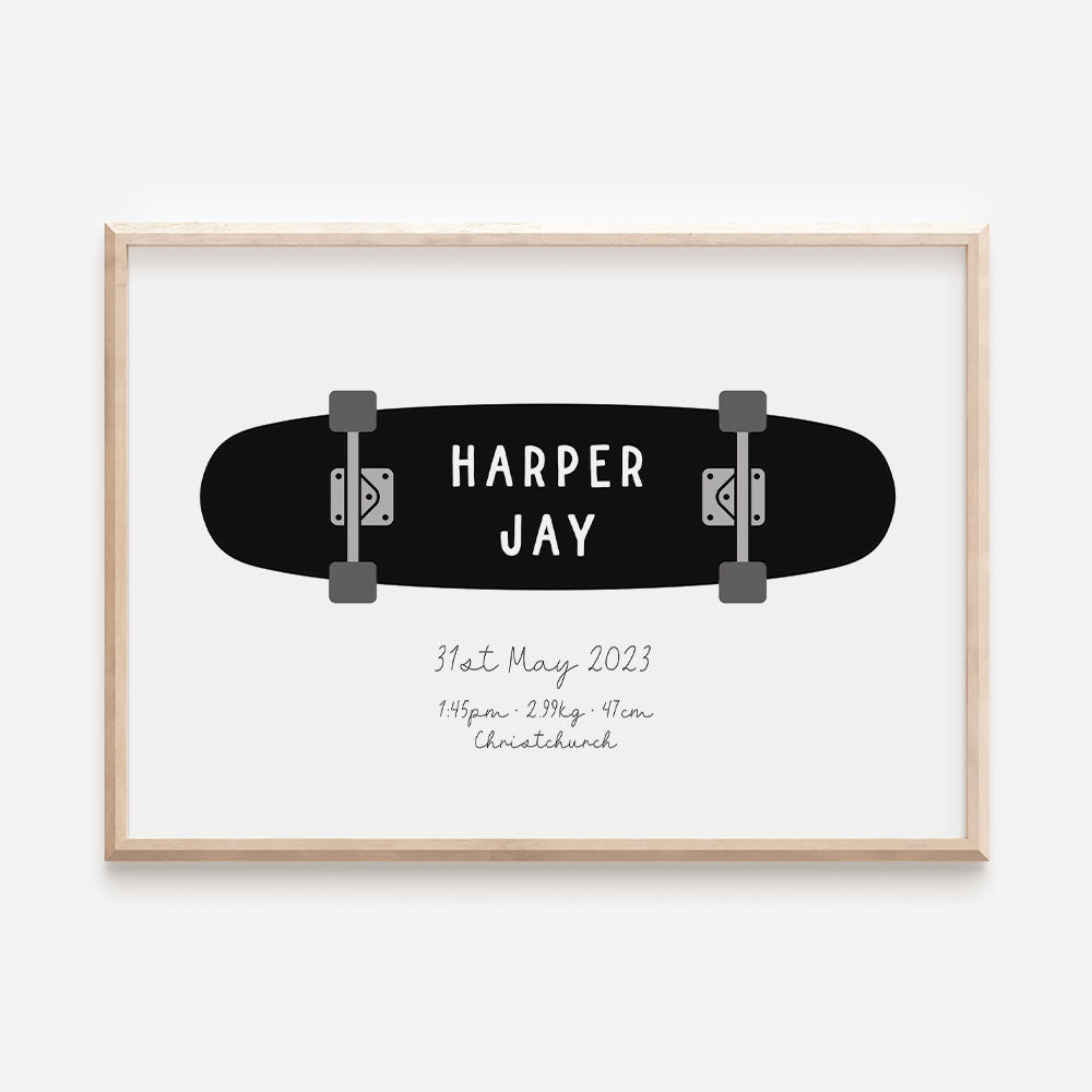 Skateboard Name Print or birth details print in black - At The Helm NZ