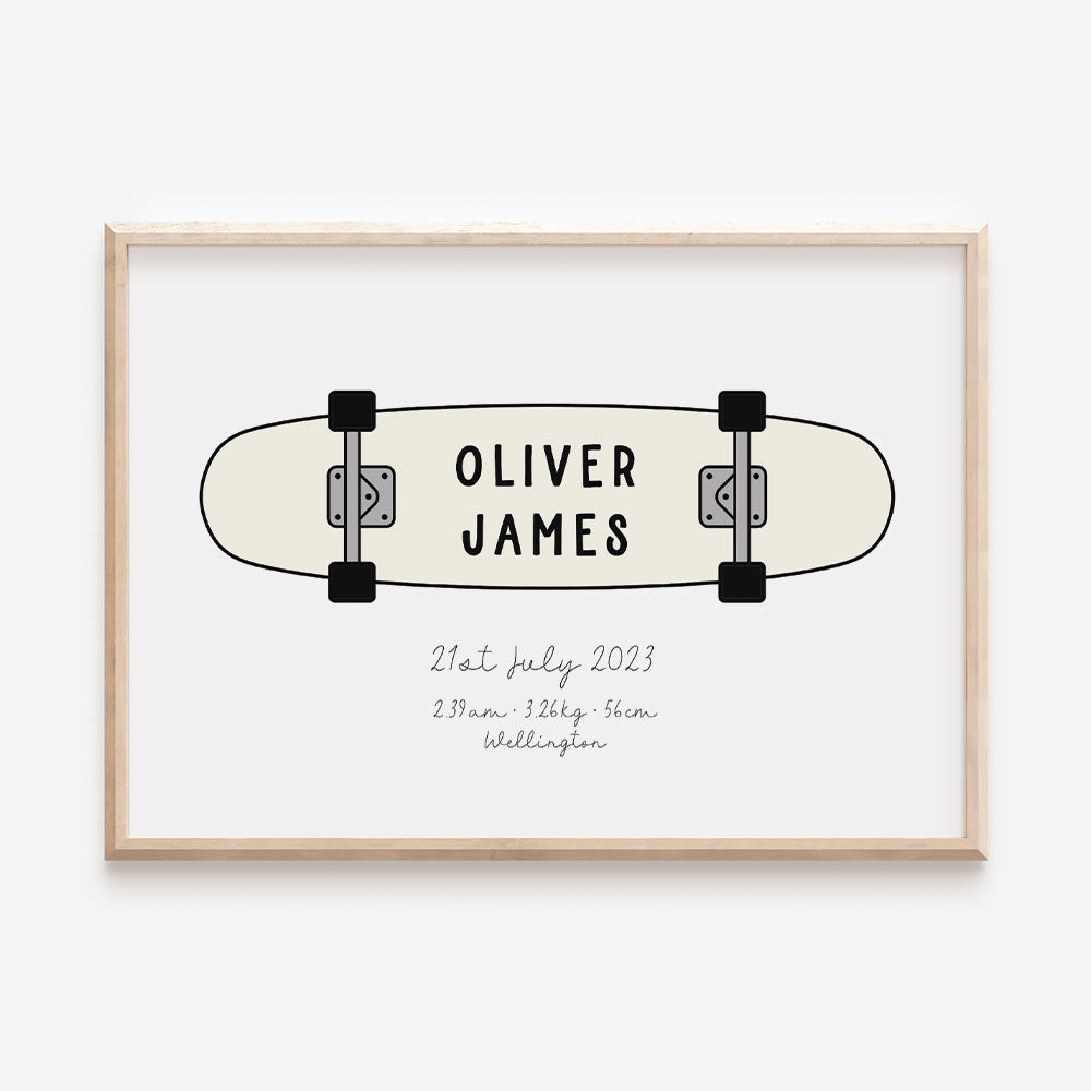 Skateboard Name Print or birth details print in cream - At The Helm NZ