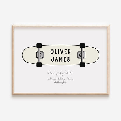 Skateboard Name Print or birth details print in cream - At The Helm NZ