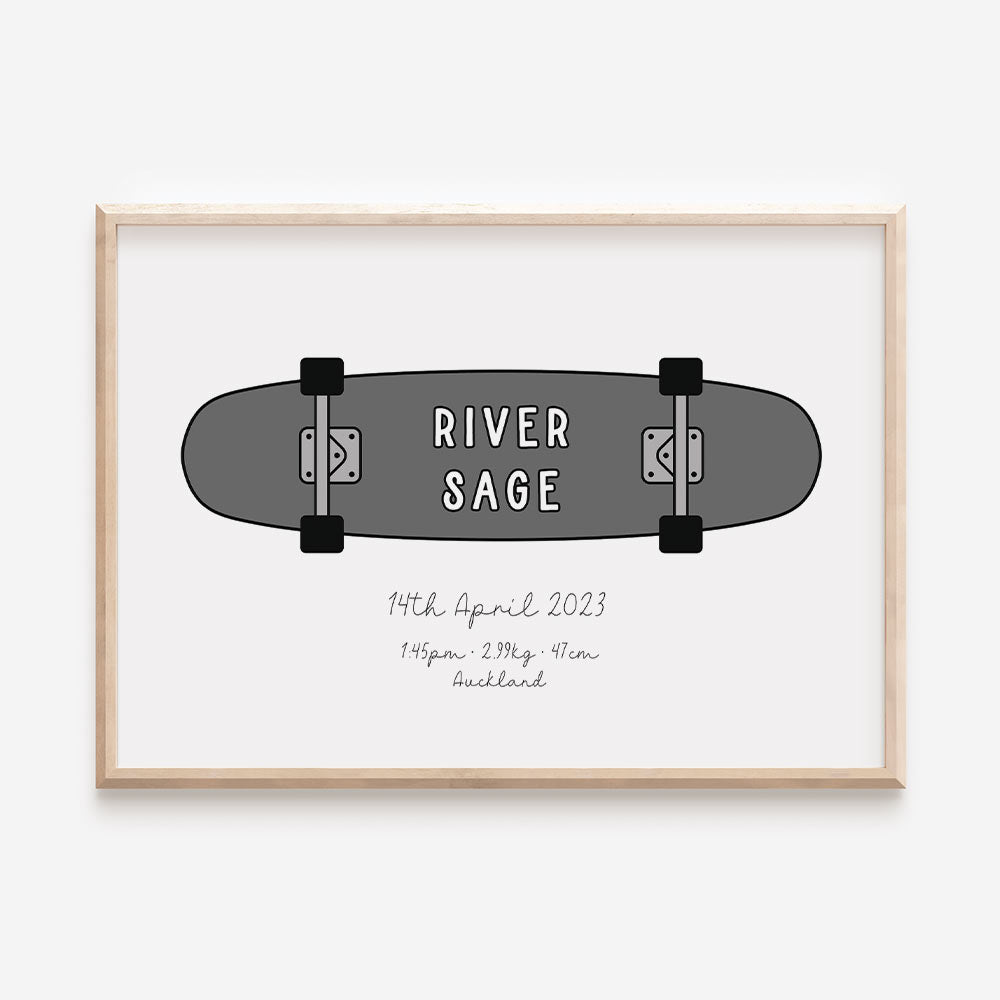 Skateboard Name Print or birth details print in grey - At The Helm NZ