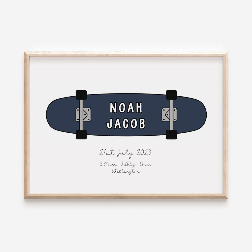 Skateboard Name Print or birth details print in dark blue - At The Helm NZ