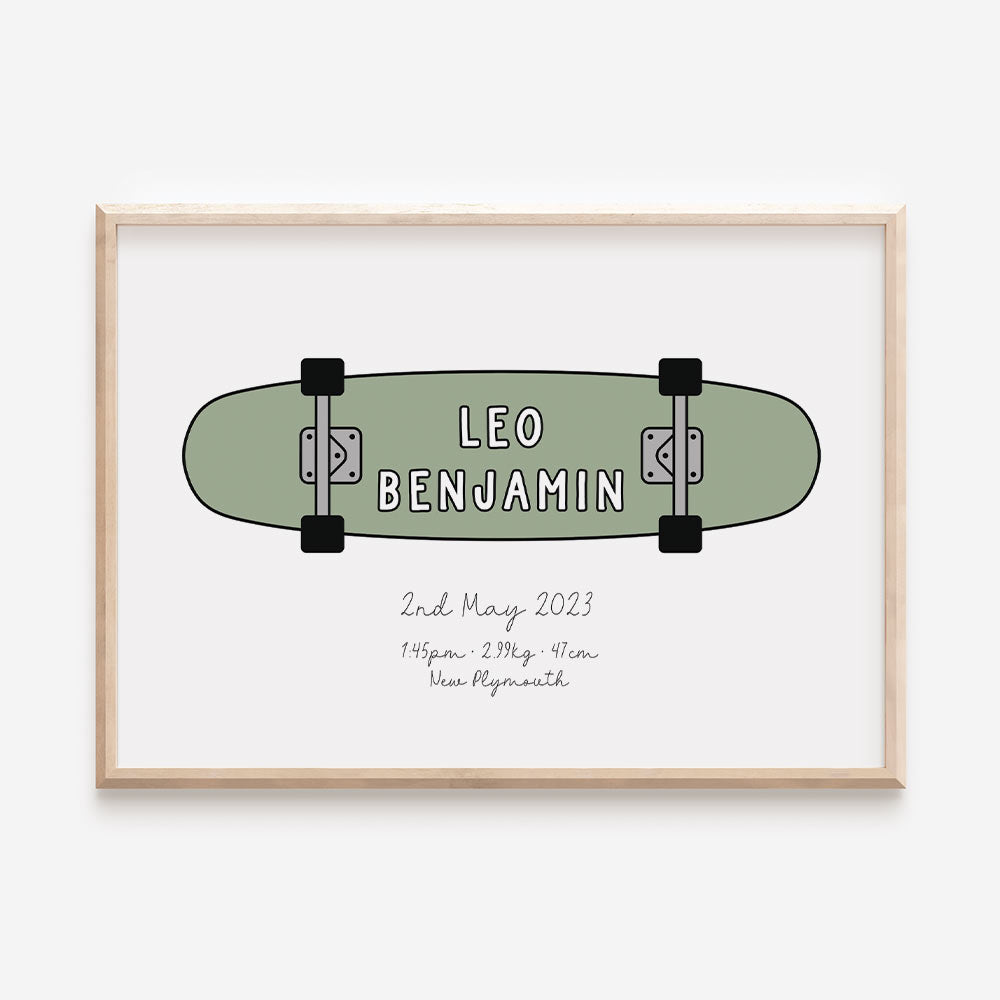 Skateboard Name Print or birth details print in sage green - At The Helm NZ