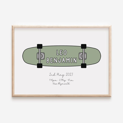 Skateboard Name Print or birth details print in sage green - At The Helm NZ