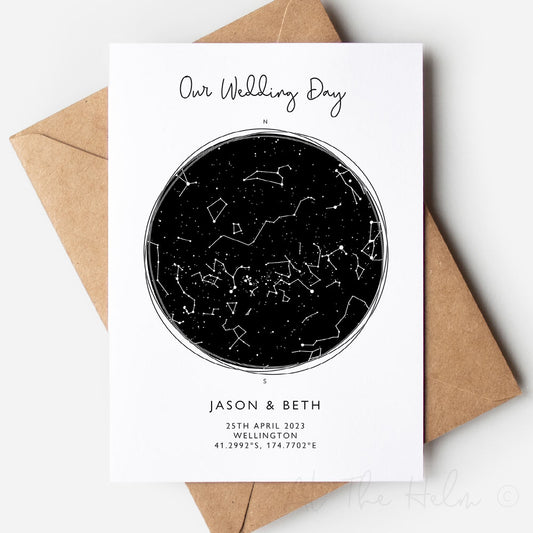 White greeting card with black circular star map with text that reads "our wedding day, Jason & Beth, 25TH April 2023, Wellington" - Star Map Greeting Card from At The Helm NZ