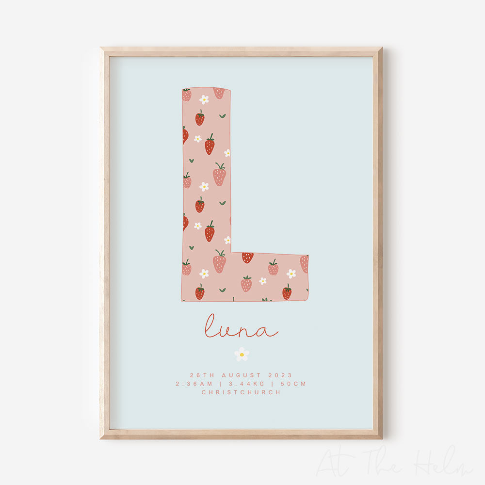 Strawberry and Daisy Initial Birth Detail Keepsake Print - blue - At the Helm NZ