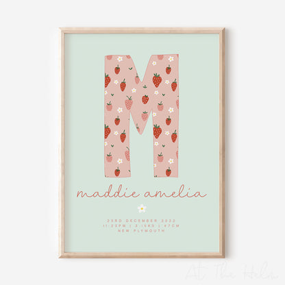 Strawberry and Daisy Initial Birth Detail Keepsake Print - green - At the Helm NZ