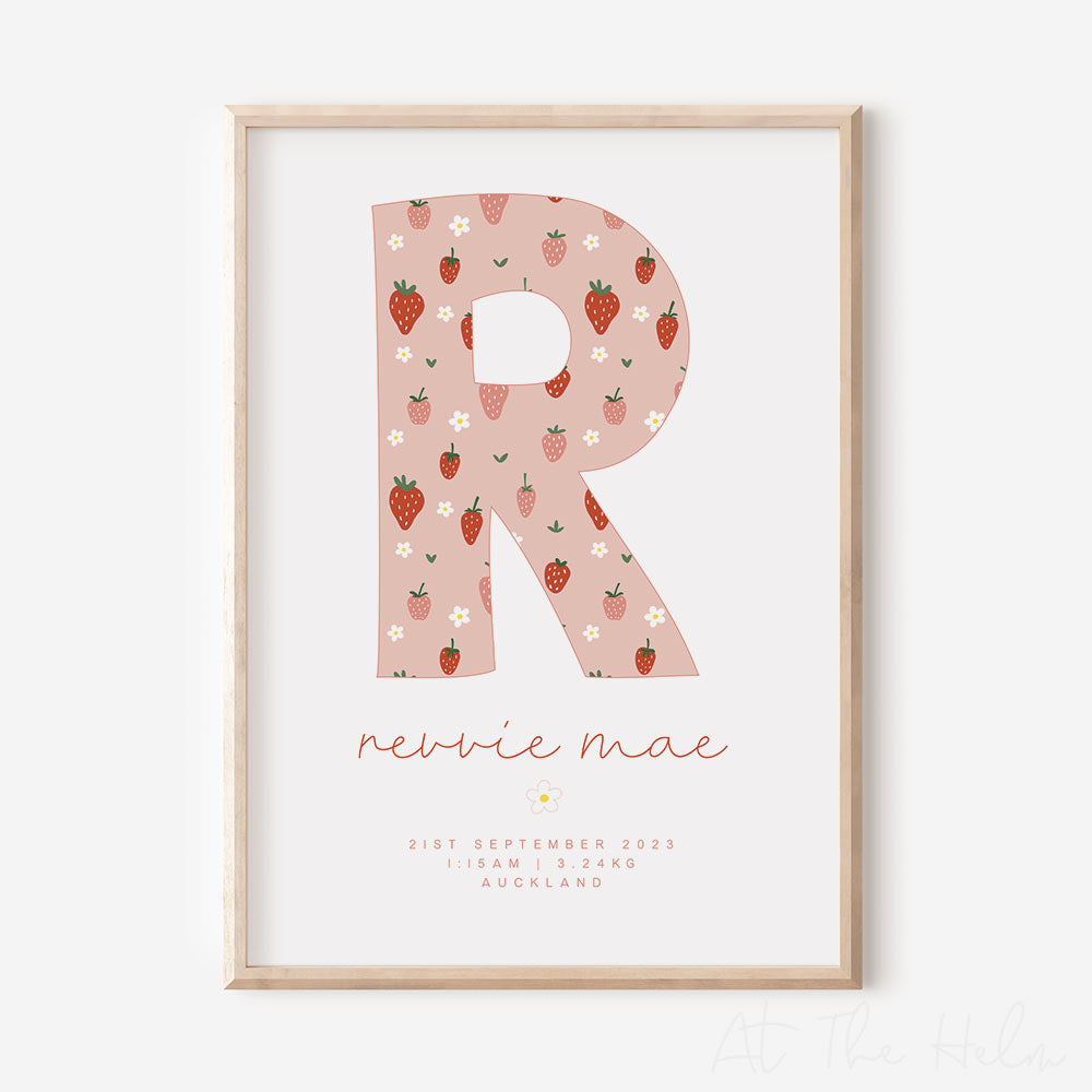 Strawberry and Daisy Initial Birth Detail Keepsake Print - white - At the Helm NZ