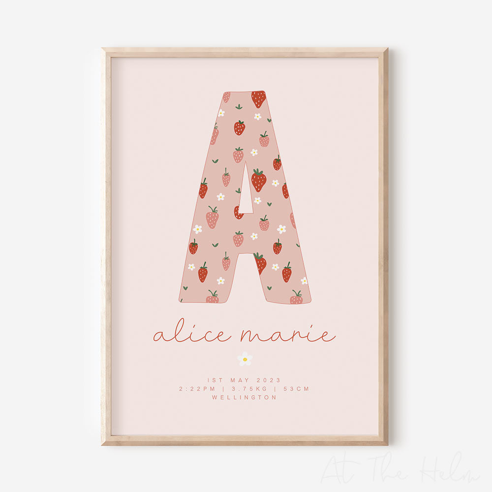 Strawberry and Daisy Initial Birth Detail Keepsake Print - pink - At the Helm NZ