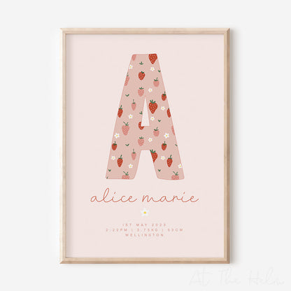 Strawberry and Daisy Initial Birth Detail Keepsake Print - pink - At the Helm NZ