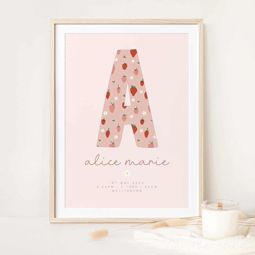 Strawberry and Daisy Initial Birth Detail Keepsake Print - pink - At the Helm NZ