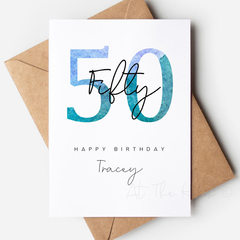 Birthday Watercolour Numbers Greeting Card - Personalised - Fifty