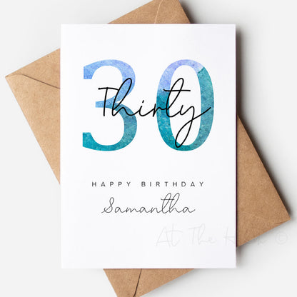 Birthday Watercolour Numbers Greeting Card - Personalised - Thirty