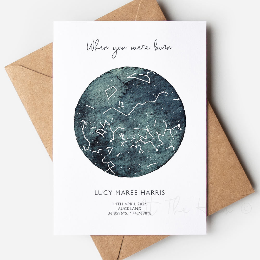 Star map greeting card that reads "when you were born" - Unique handmade greeting cards from At The Helm NZ