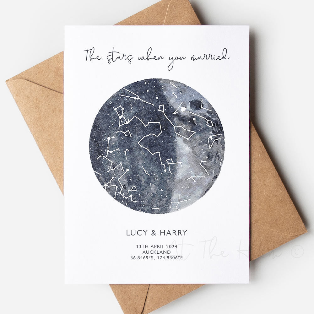 Star map greeting card that reads "the stars when you were married" - Unique handmade greeting cards from At The Helm NZ